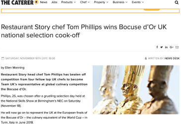 Restaurant Story chef Tom Phillips wins Bocuse d’Or UK national selection cook-off